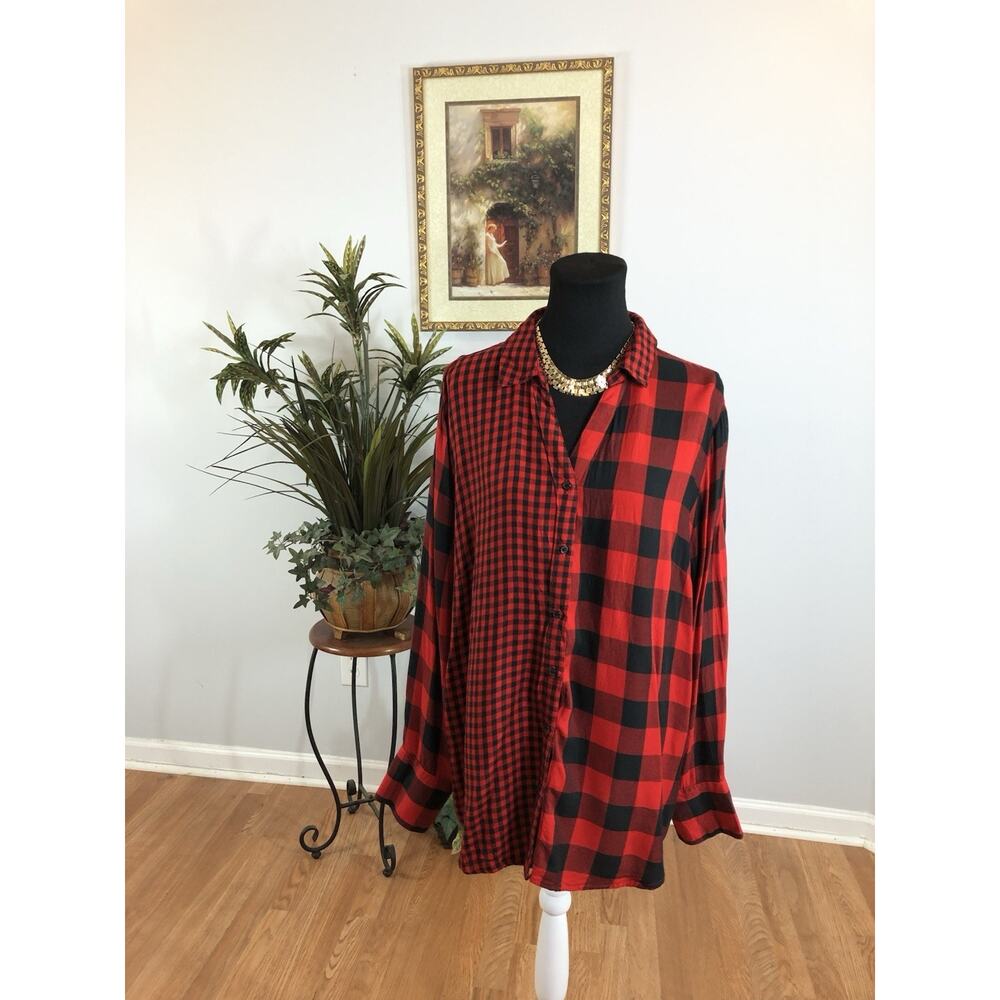 Cato Women Top XL Plaid Long Sleeve Front Henley Collared Y2K Dark Academia